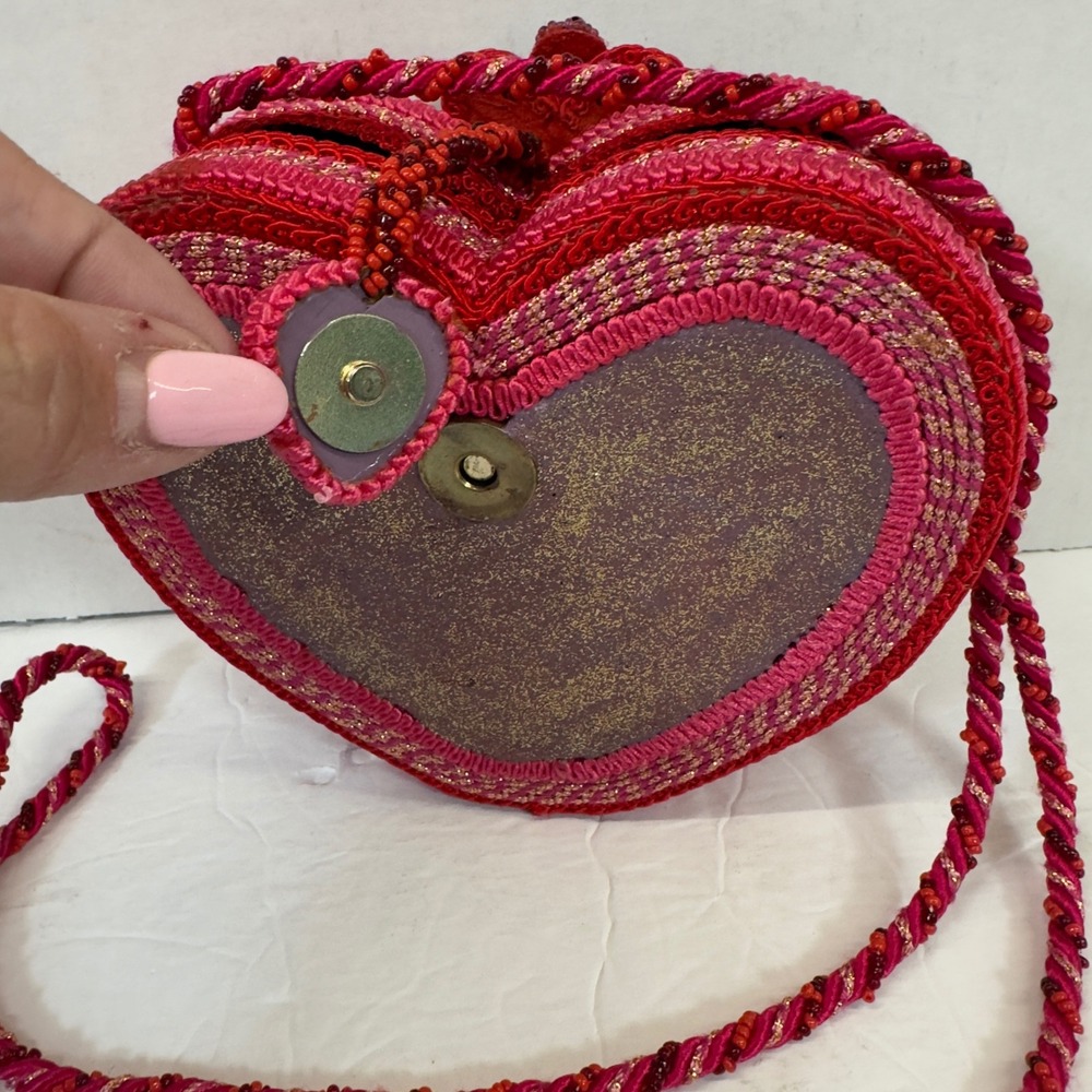 Vtg Mary Frances Heart Purse Beaded Floral Crossbody Pink Red Y2K Bag Valentines - Picture 4 of 10